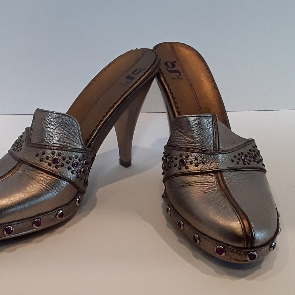 Pewter leather platform mules
